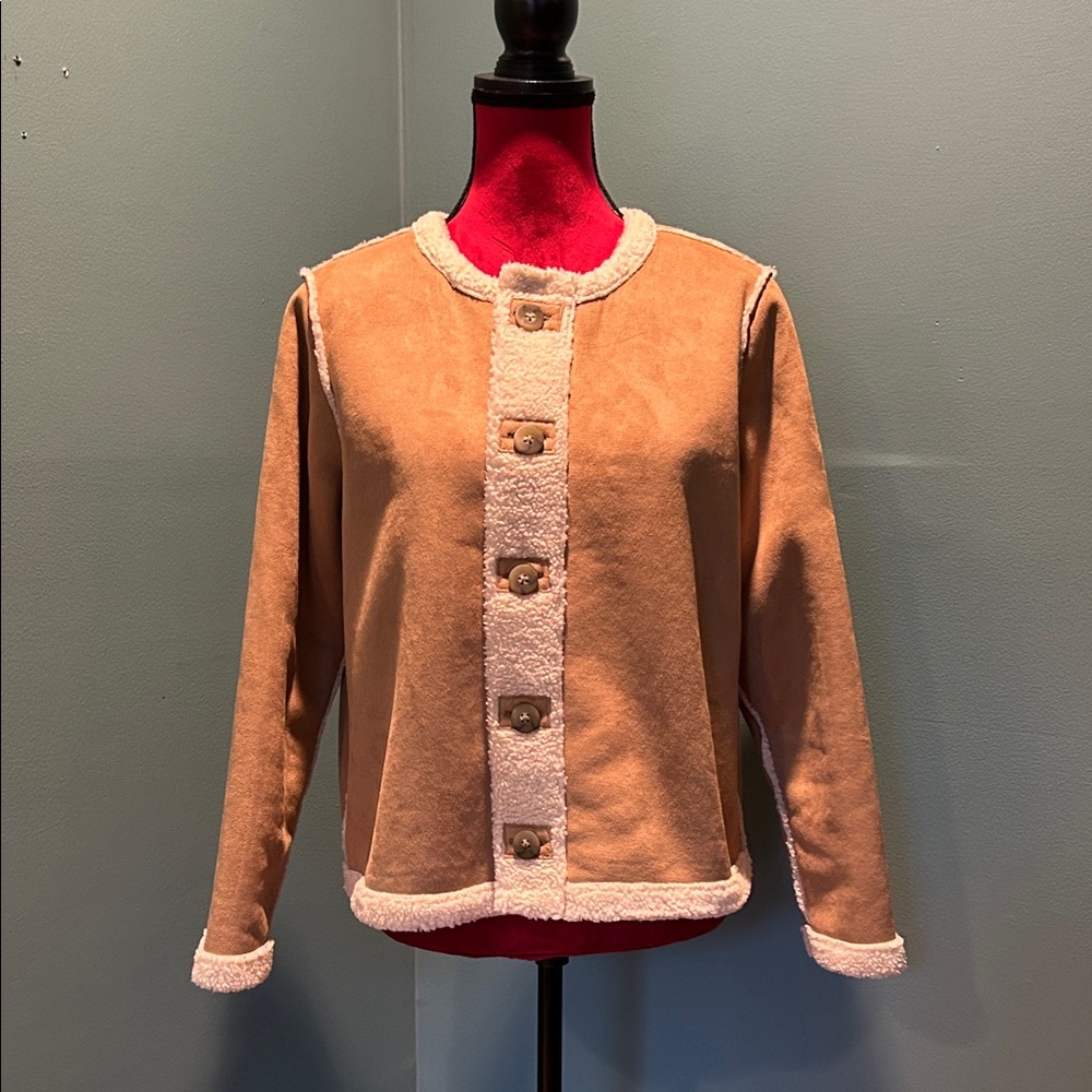 Shearling Reversible Button-Up Jacket with Cream Trim Size Medium